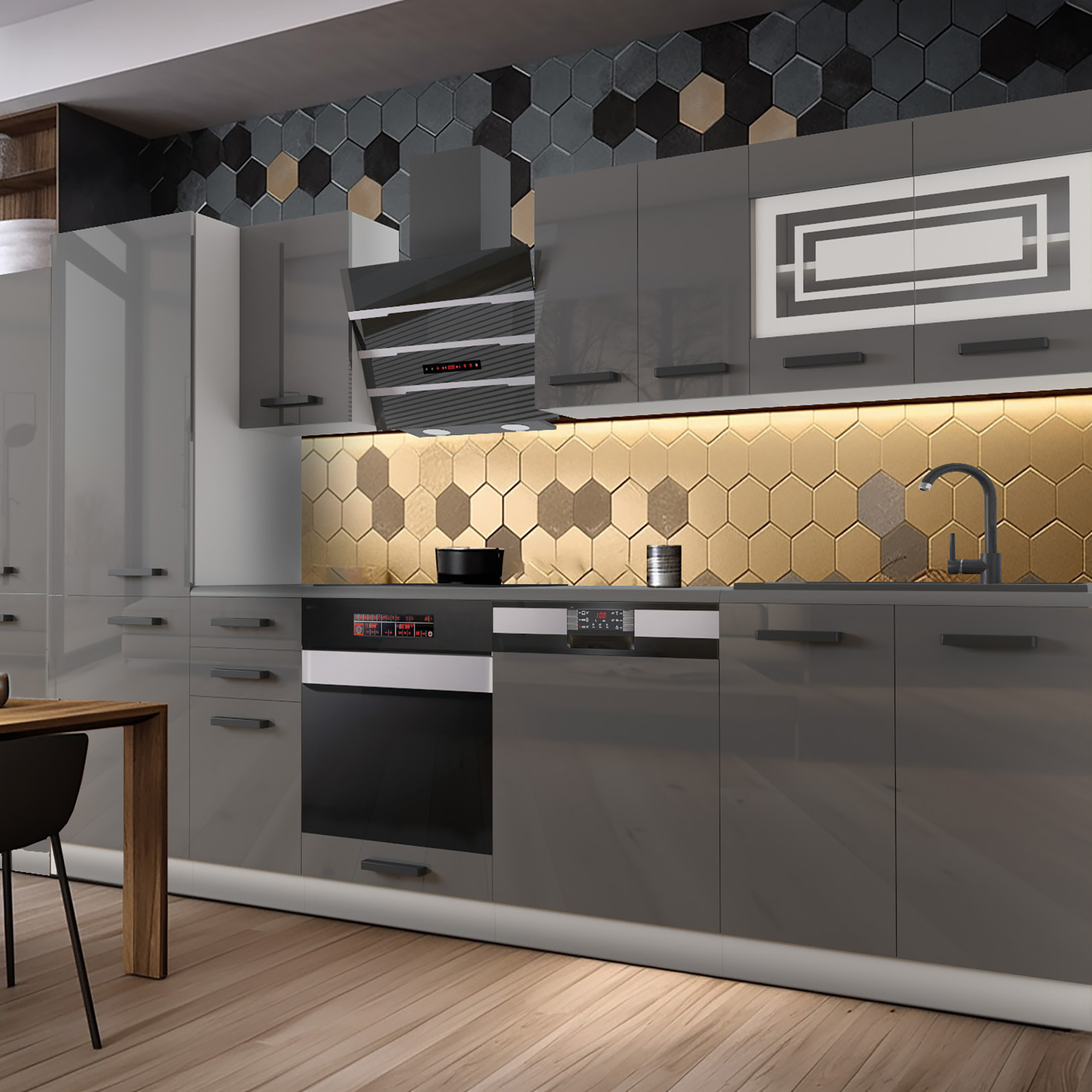 Bucătărie cu mobilier modern și plăci hexagonale colorate