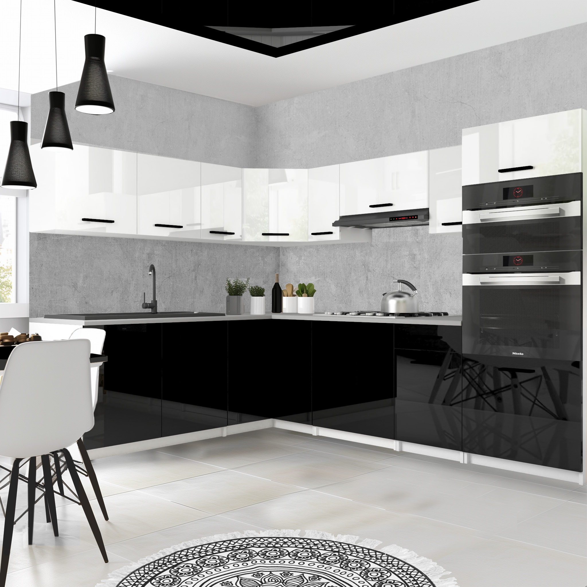 Bucătărie alb-negru cu mobilier modern