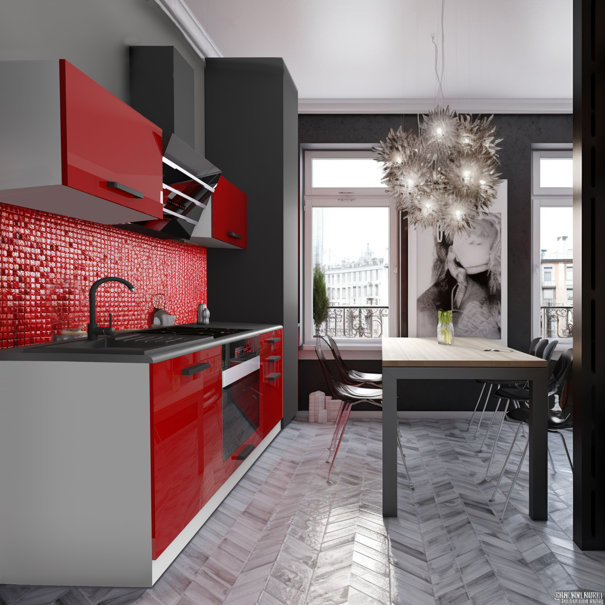 Bucătărie cu accente de roșu și mobilier modern