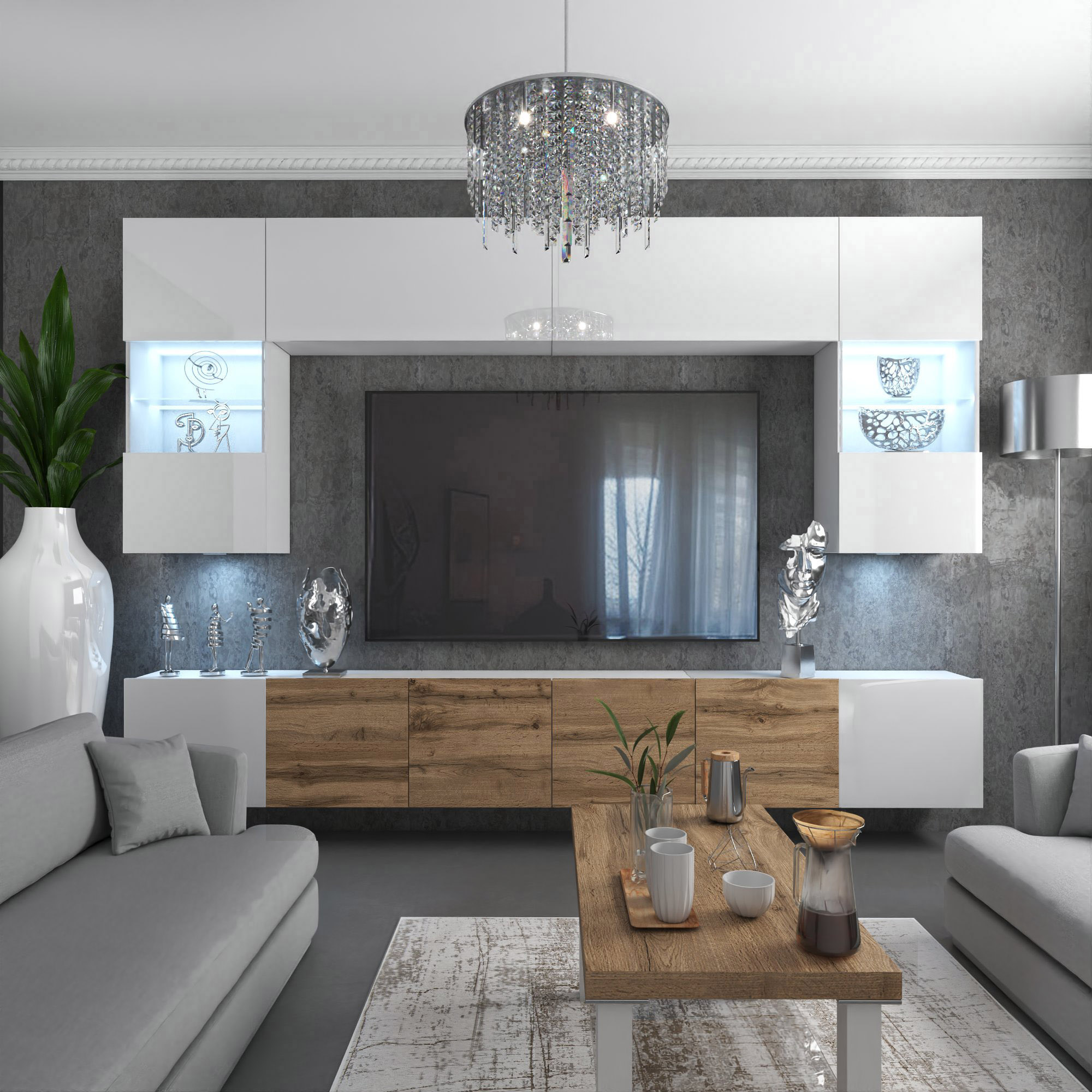 Interior de living modern cu detalii din lemn și lumini