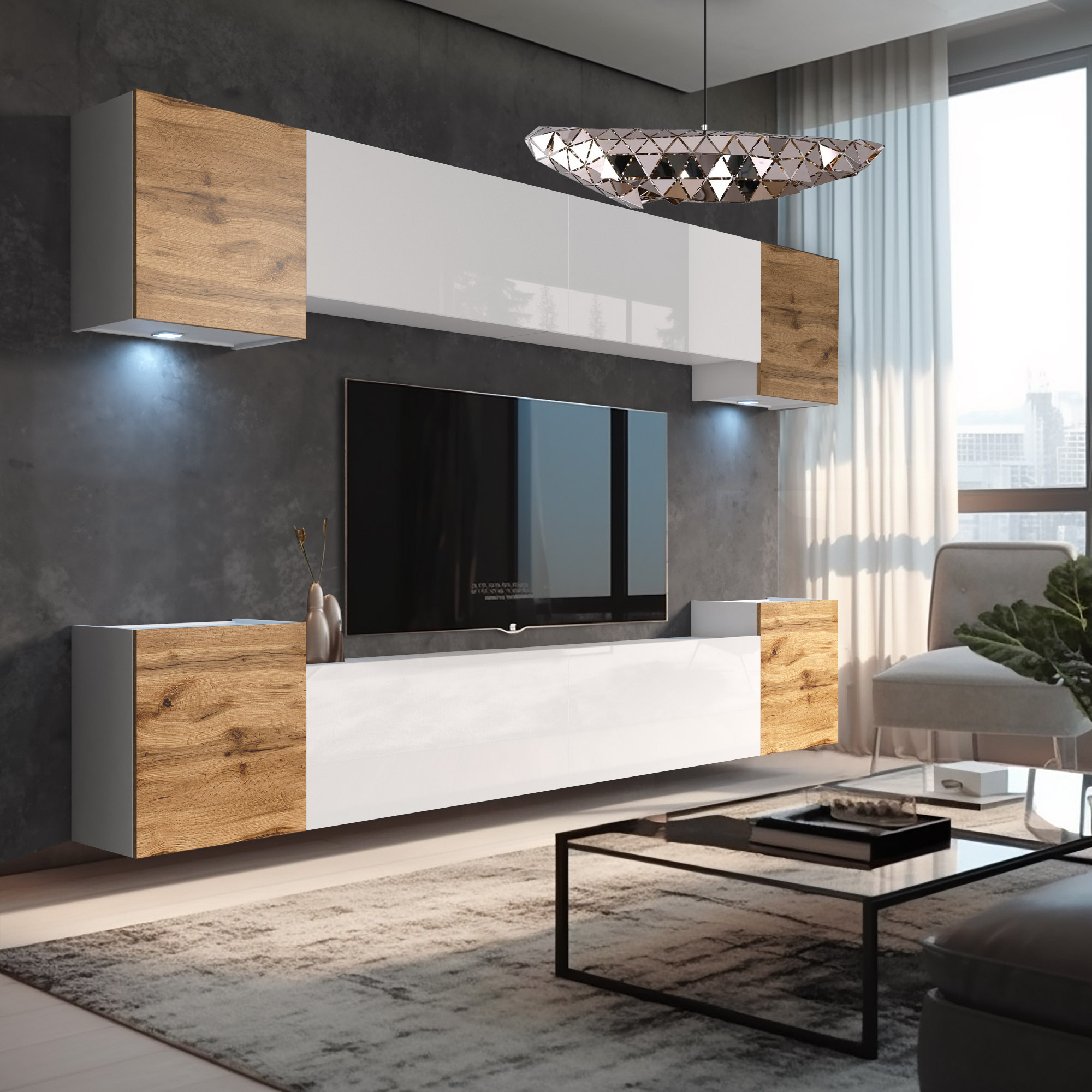 Mobilier suspendat cu accente de lemn în living modern