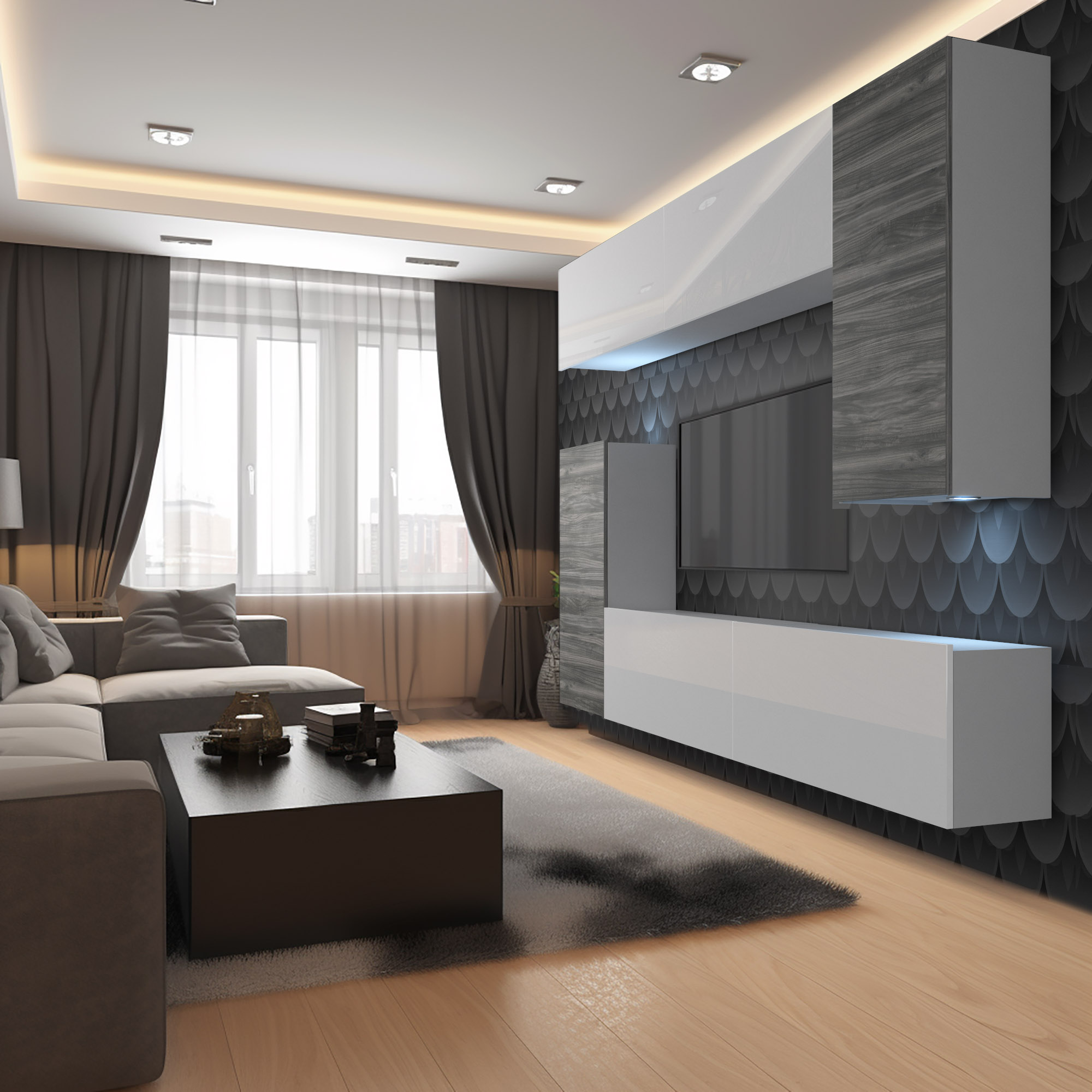 Living cu perete structurat și mobilier modern