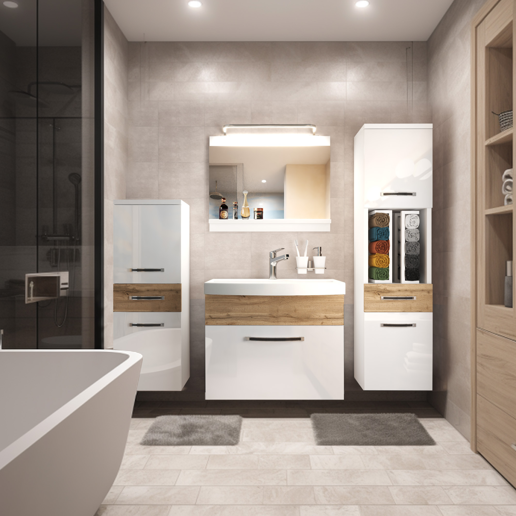 Vedere a unei băi moderne cu mobilier alb și lemn