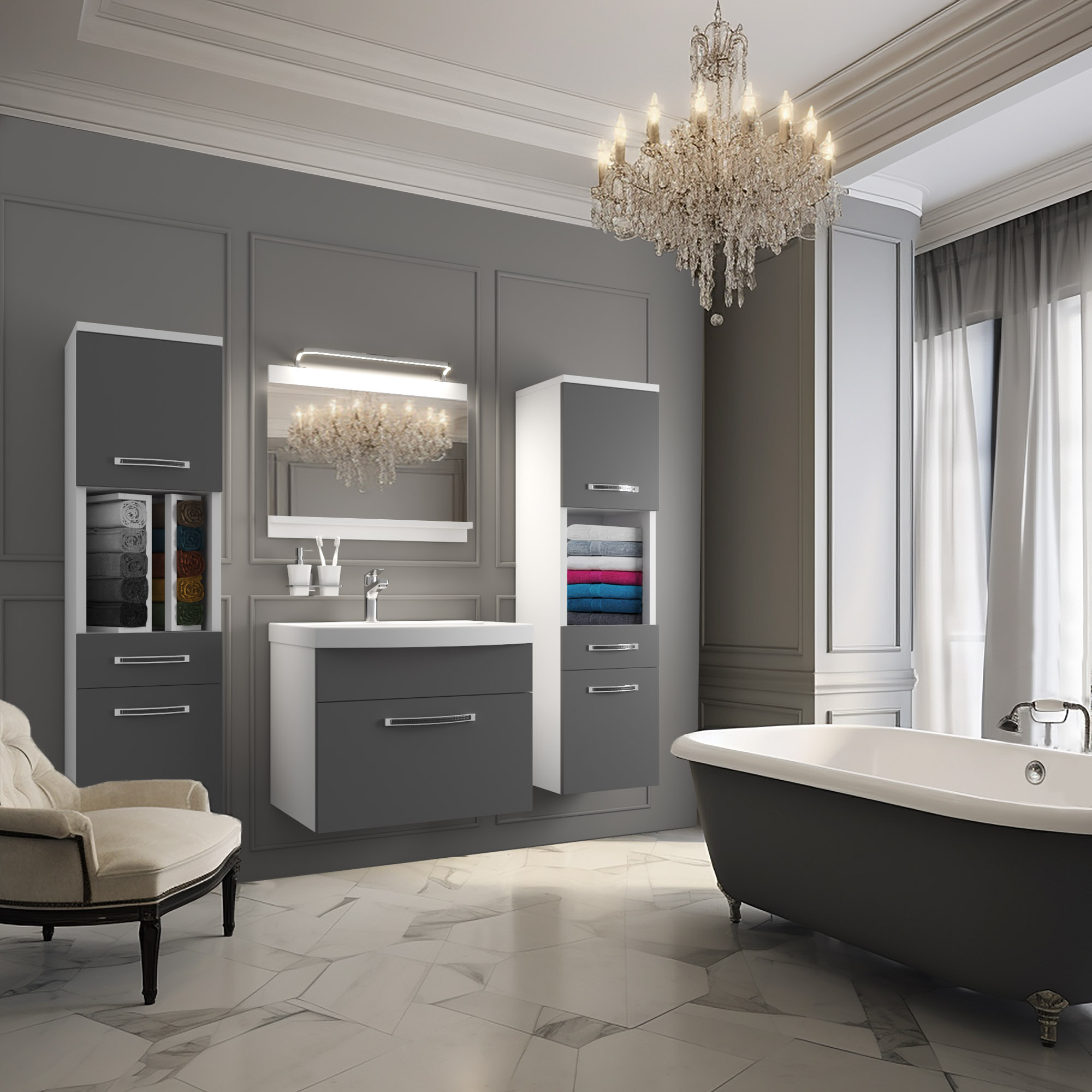 Baie modernă cu mobilier elegant și cadă luxoasă