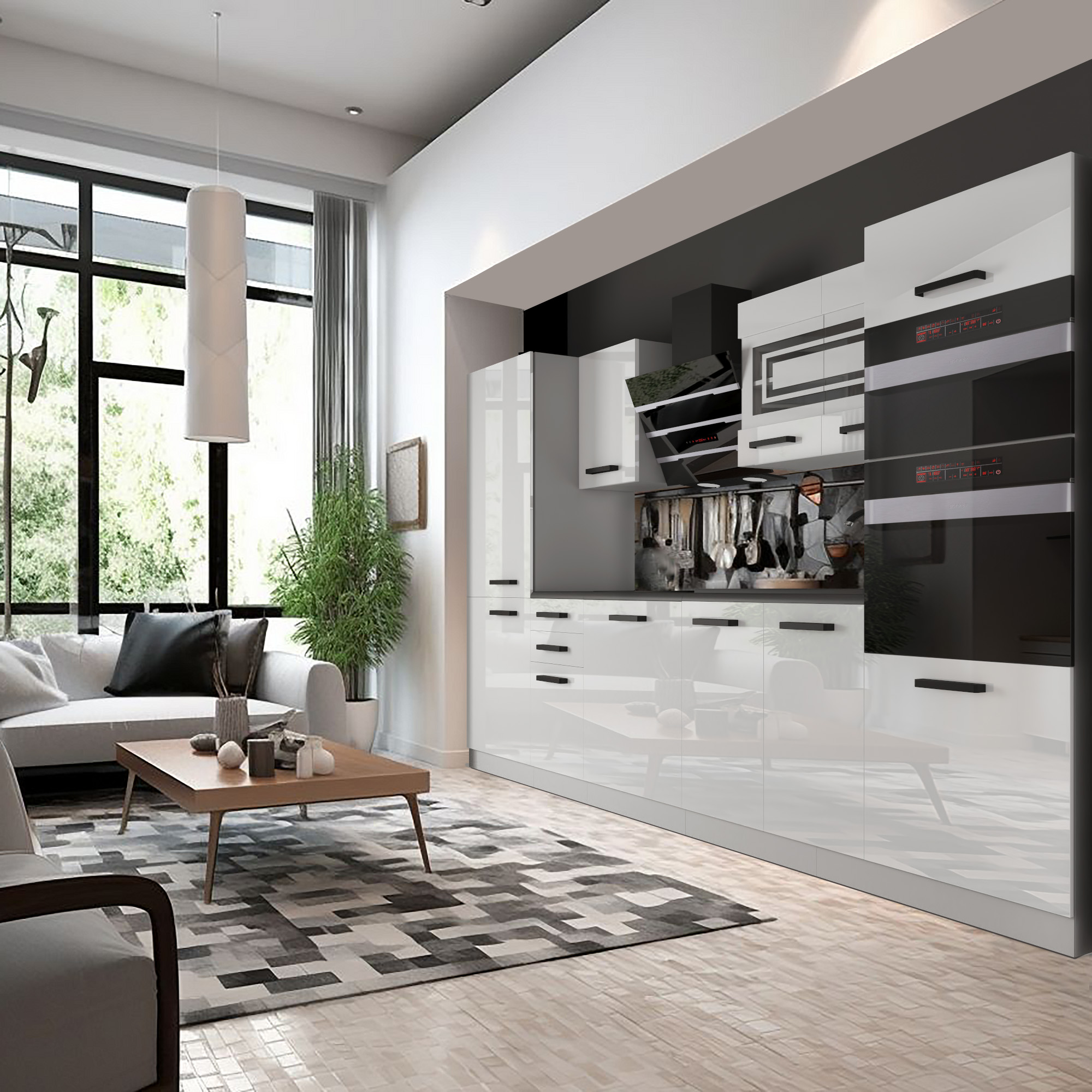 Mobilier bucătărie alb-negru cu detalii naturale