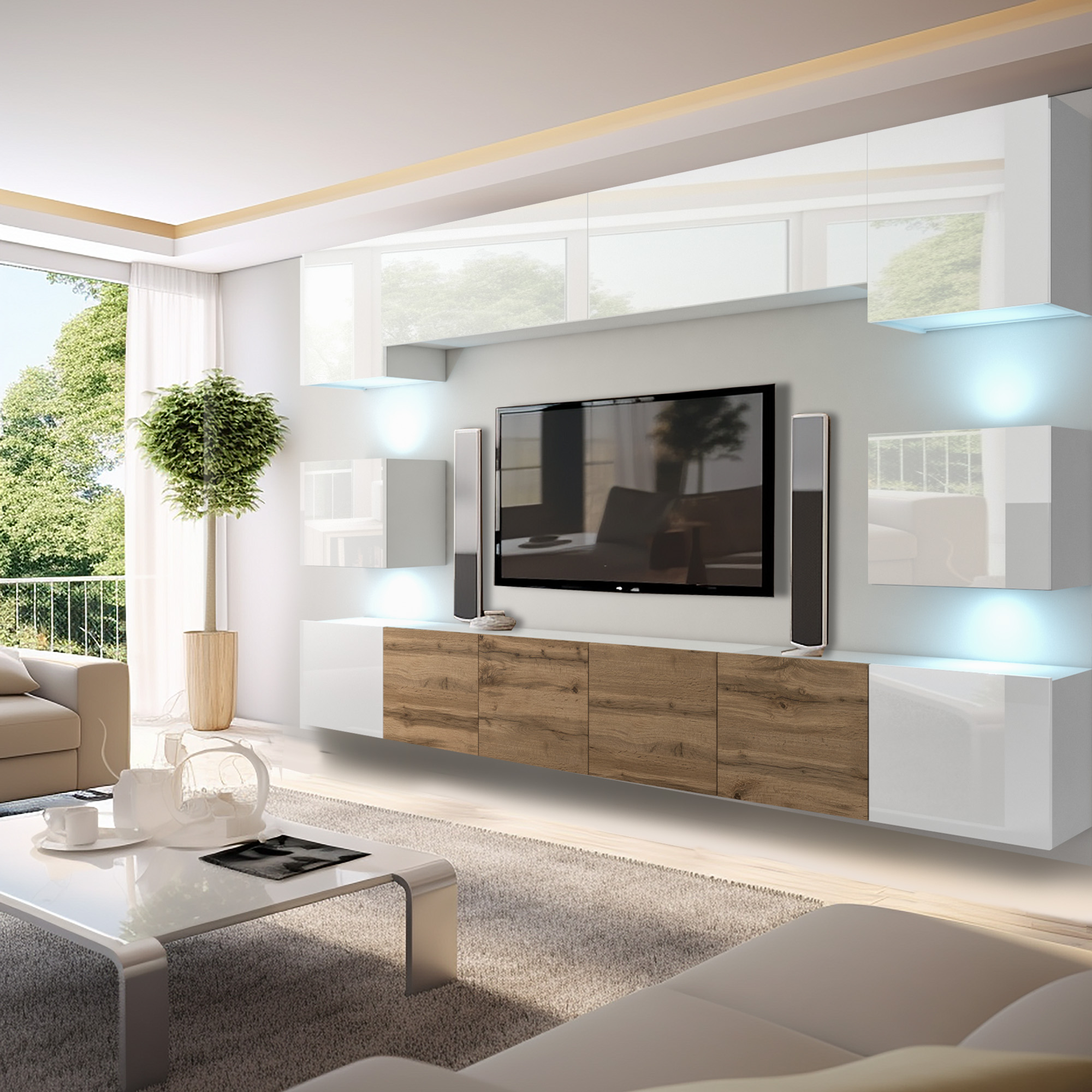 Rafturi suspendate și design armonios în living
