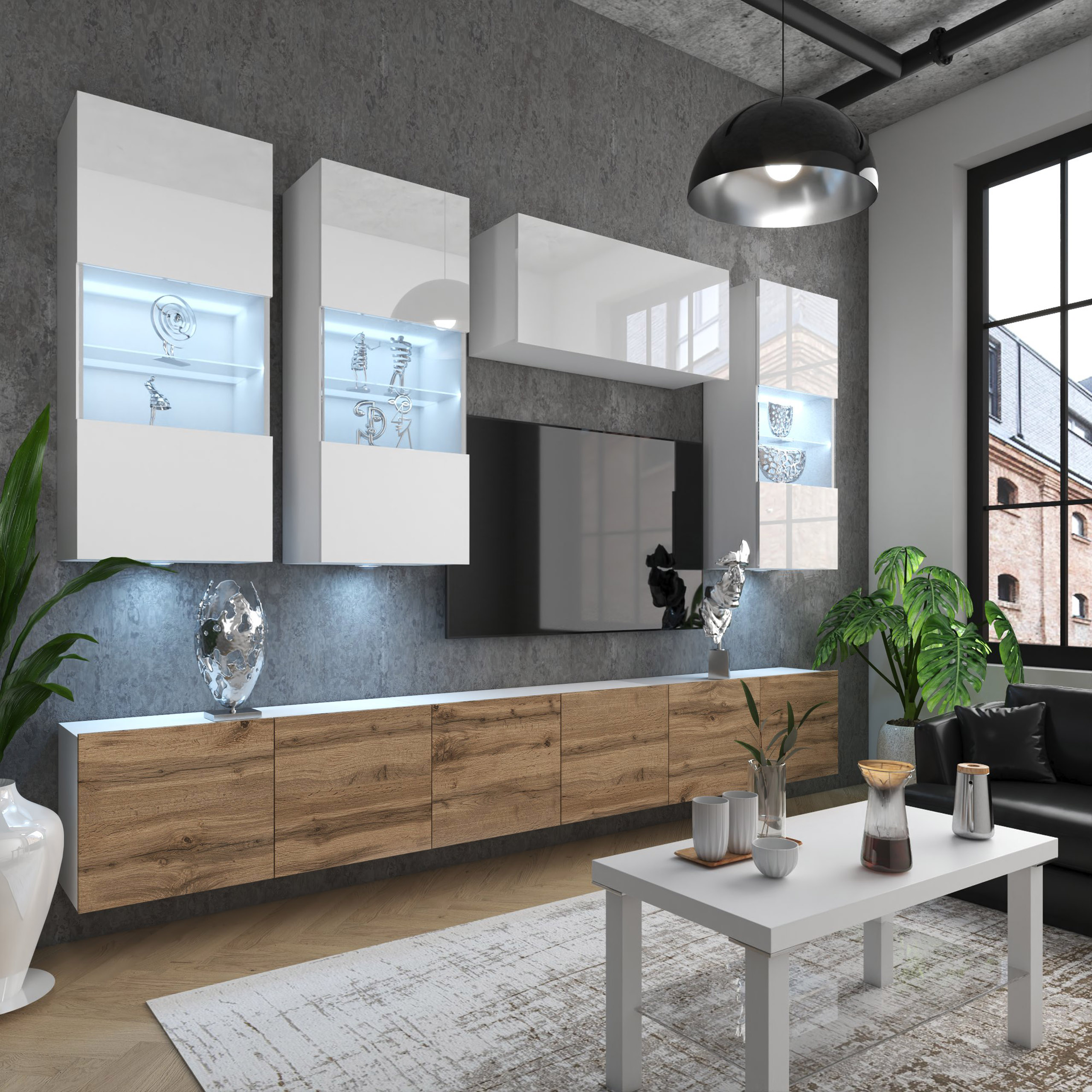 Mobilier de salon cu accente de lemn și lumină integrată
