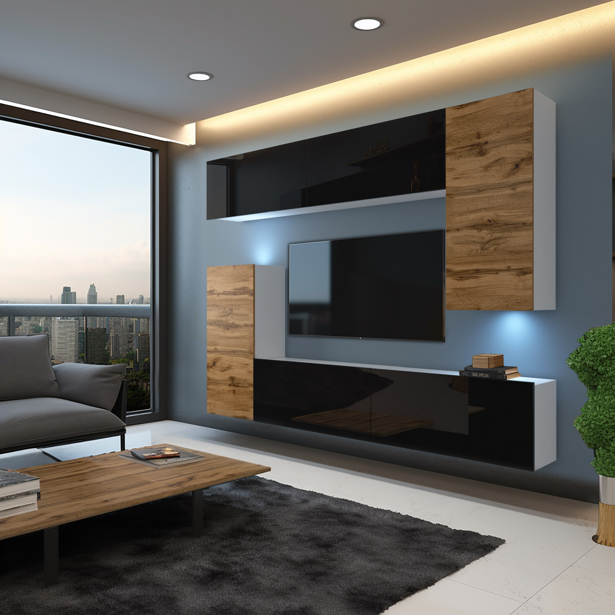 Mobilier de salon modern cu lemn și negru lucios
