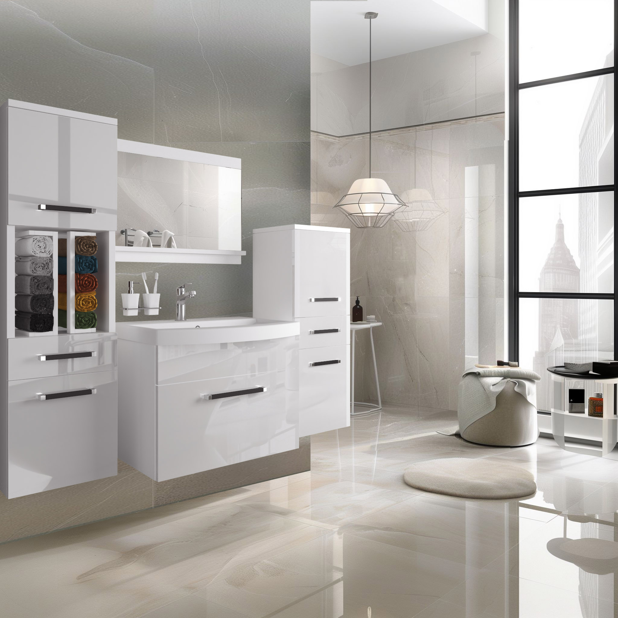 Mobilier alb lucios într-o baie luminoasă