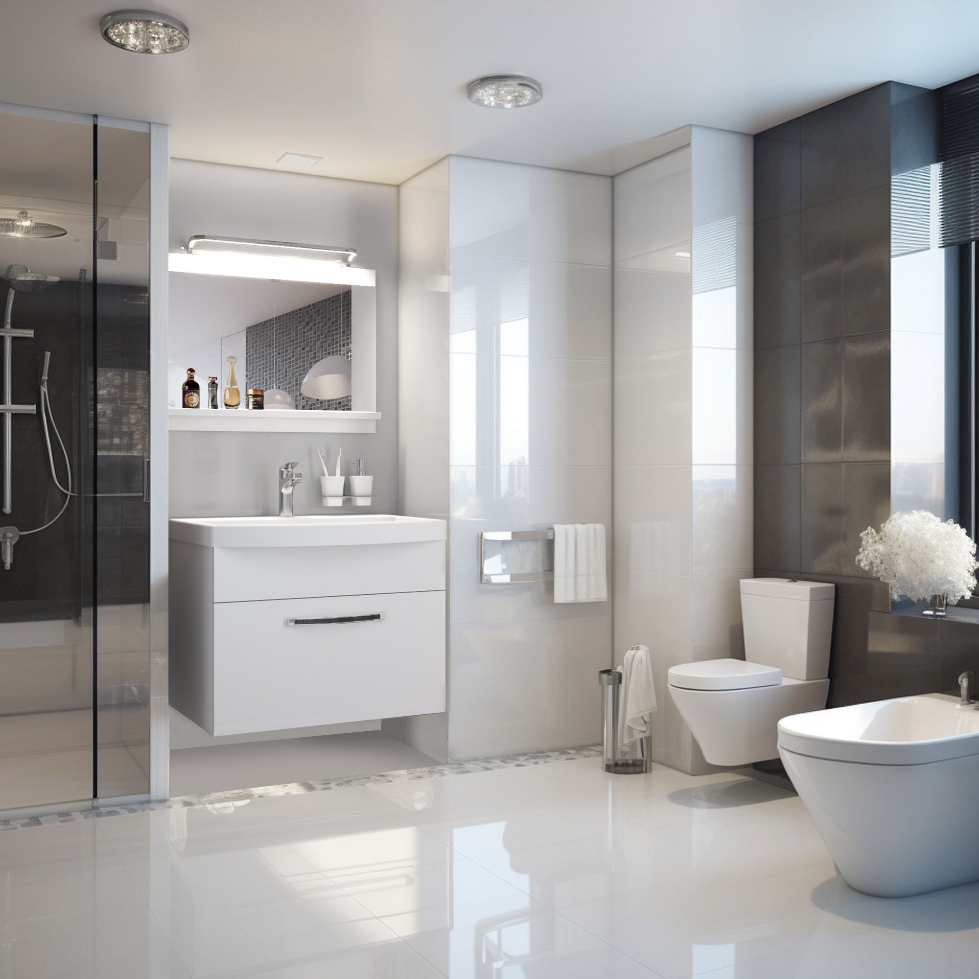 Interior de baie cu design luminos și modern