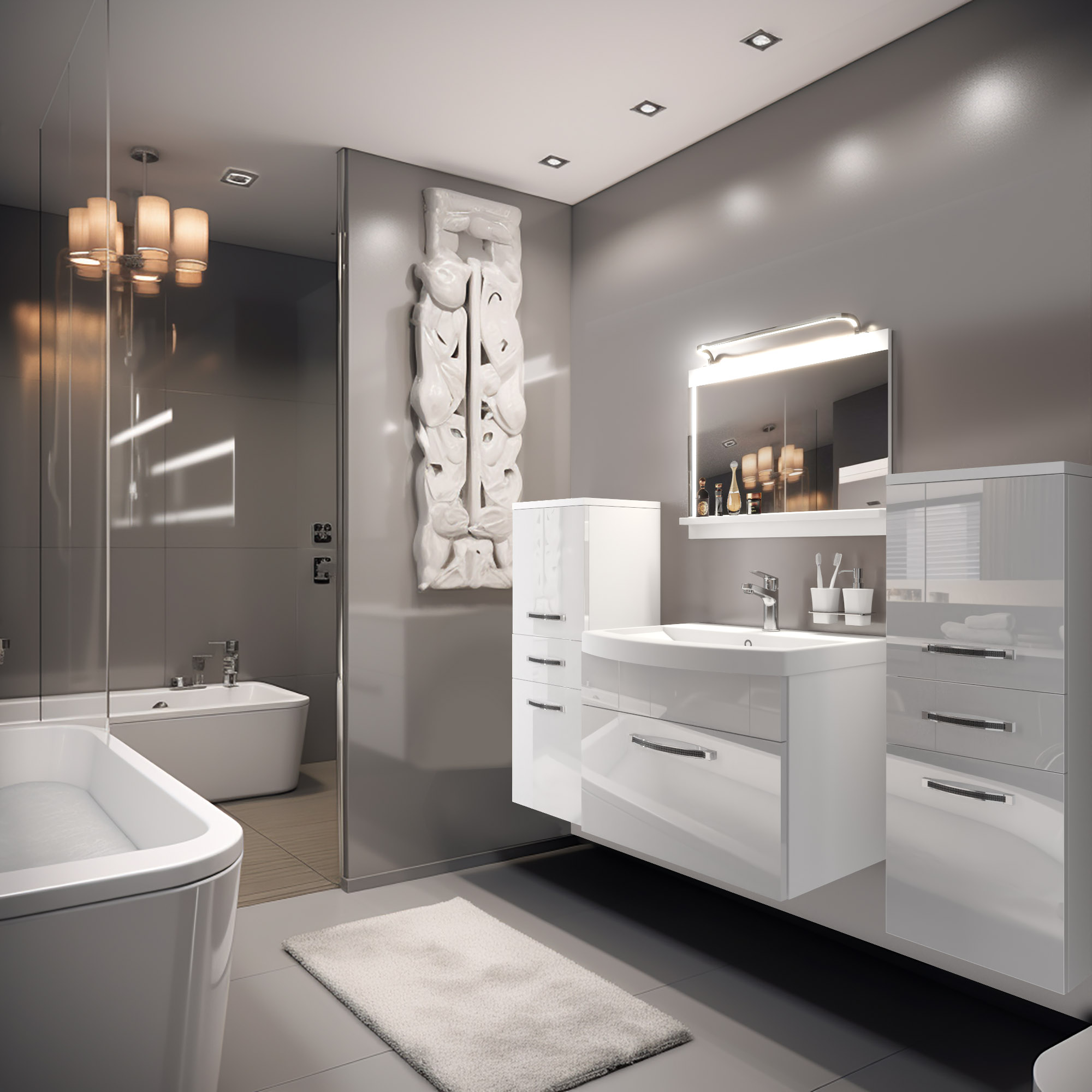 Baie gri cu mobilier alb lucios și cadă freestanding