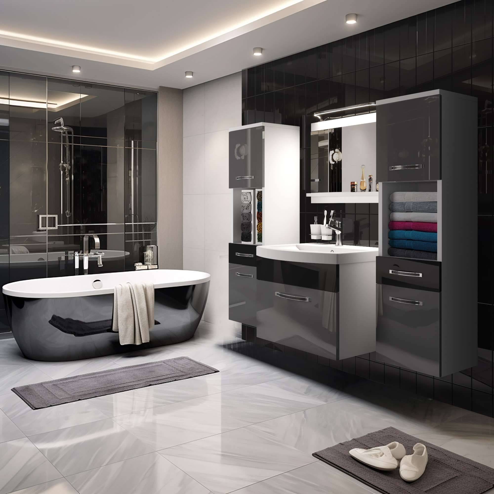 Baie elegantă cu cadă neagră și mobilier lucios