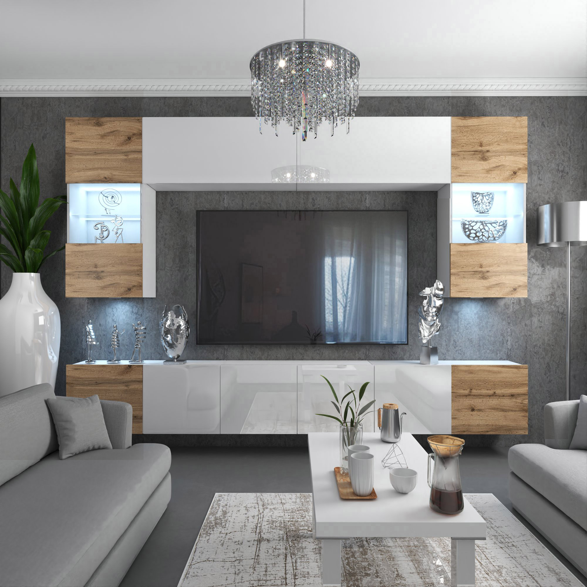 Living modern cu mobilier alb și detalii din lemn