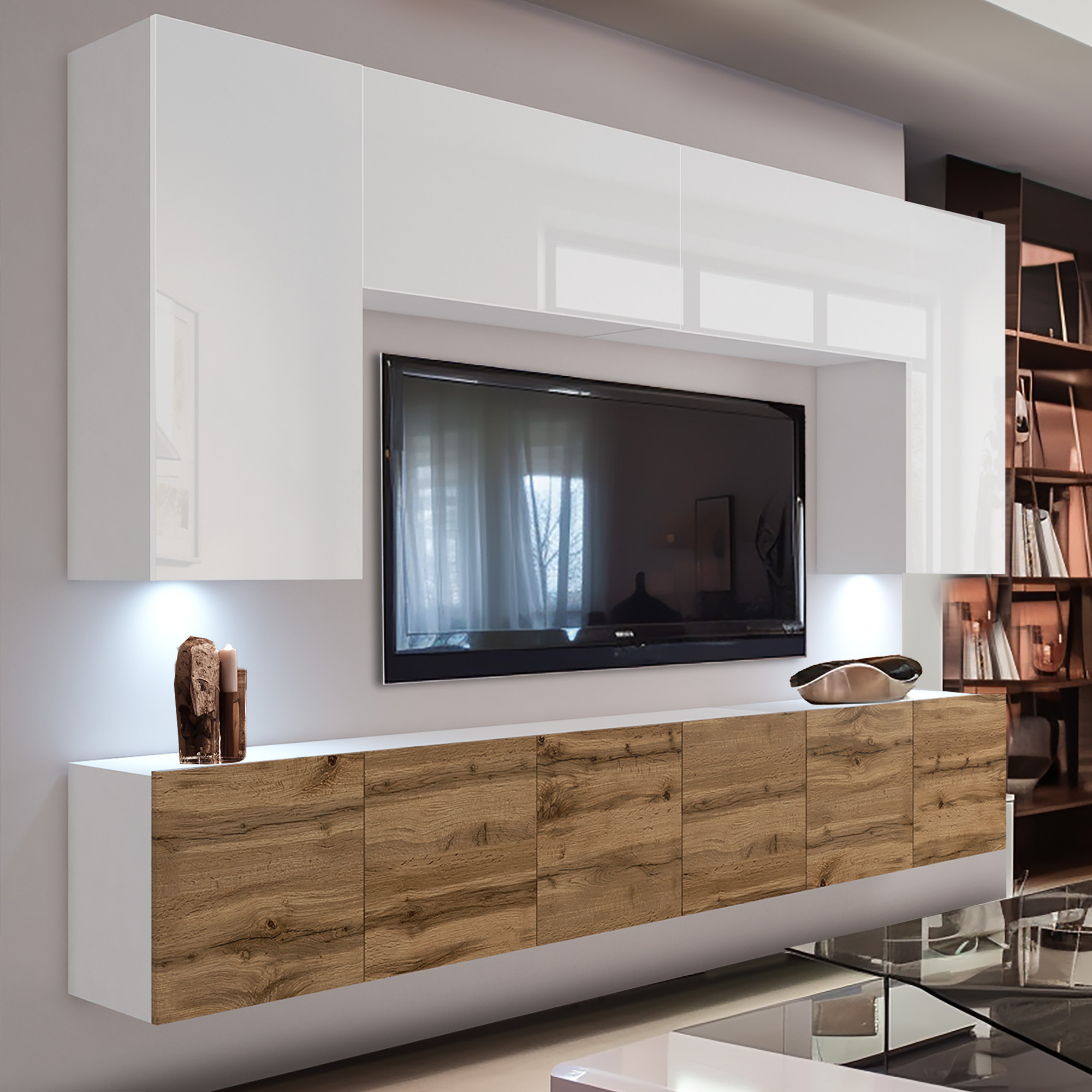 Mobilier TV suspendat alb lucios cu stejar și LED