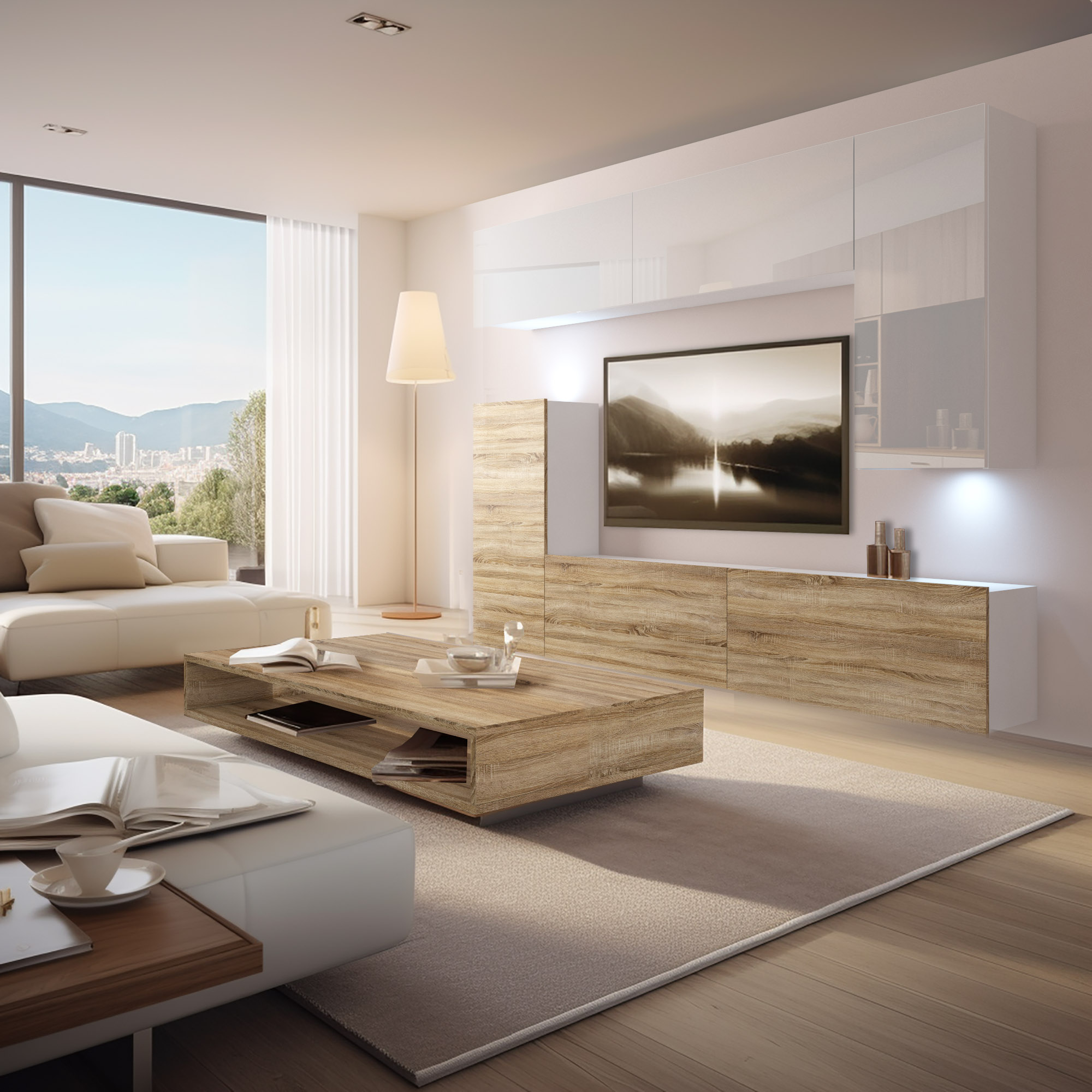 Salon luminos cu mobilier alb și stejar