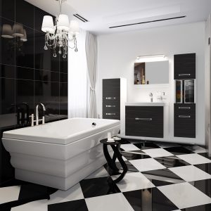 Baie alb-negru cu cadă și mobilier suspendat antracit