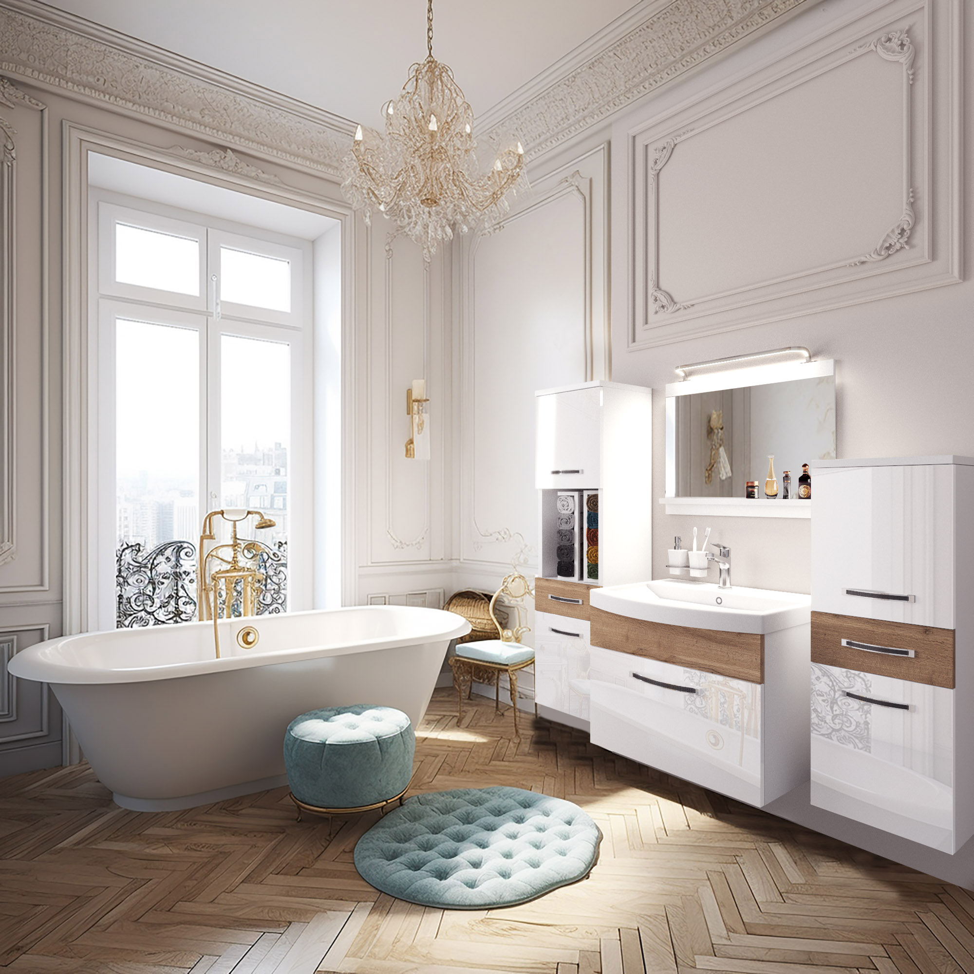 Baie luminoasă cu cadă freestanding și mobilier alb lucios