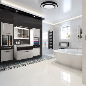 Baie alb-negru cu cadă freestanding și mobilier suspendat