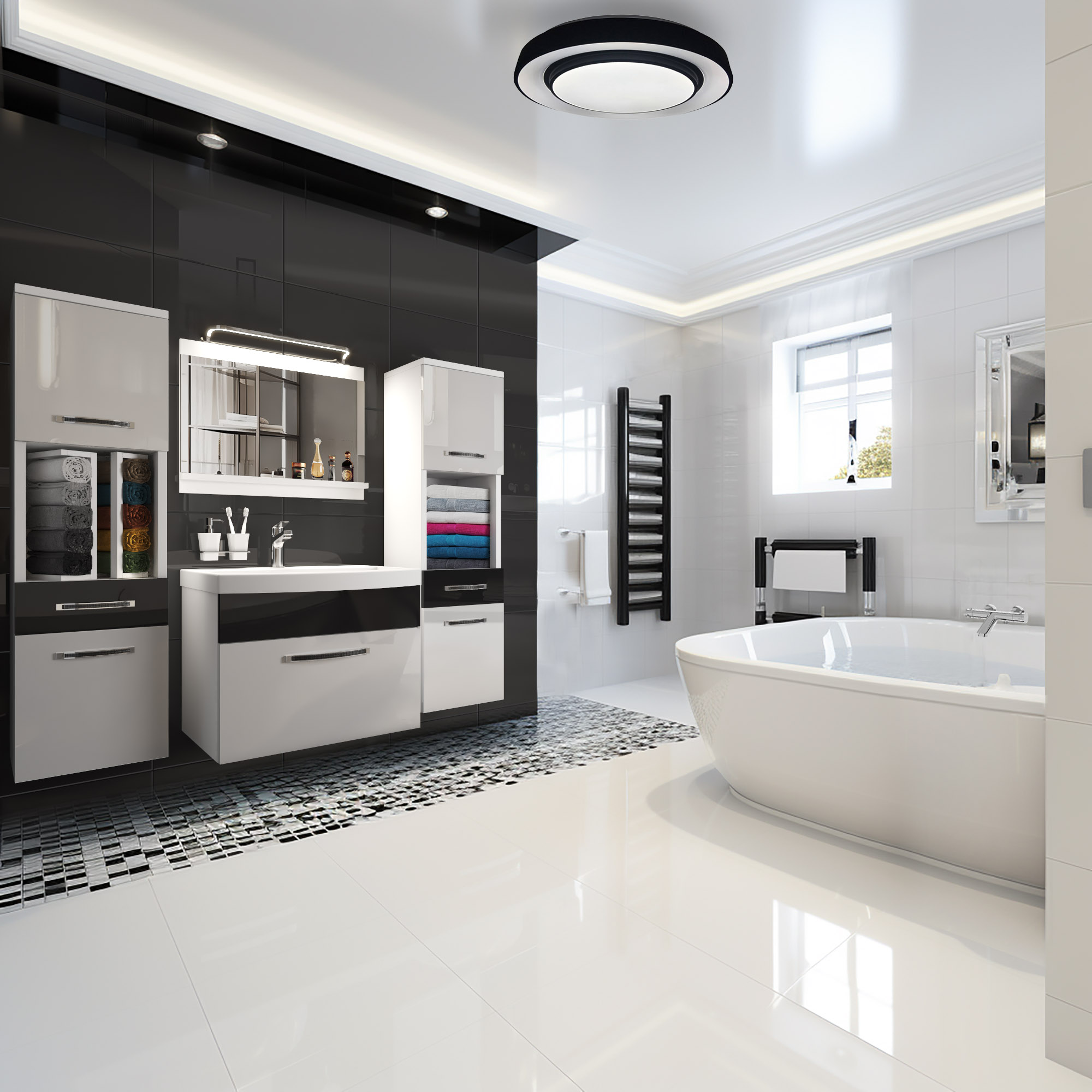 Baie alb-negru cu cadă freestanding și mobilier suspendat