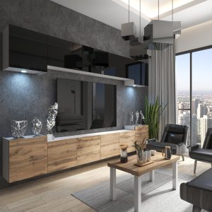 Mobilier TV lemn și negru lucios într-un living urban