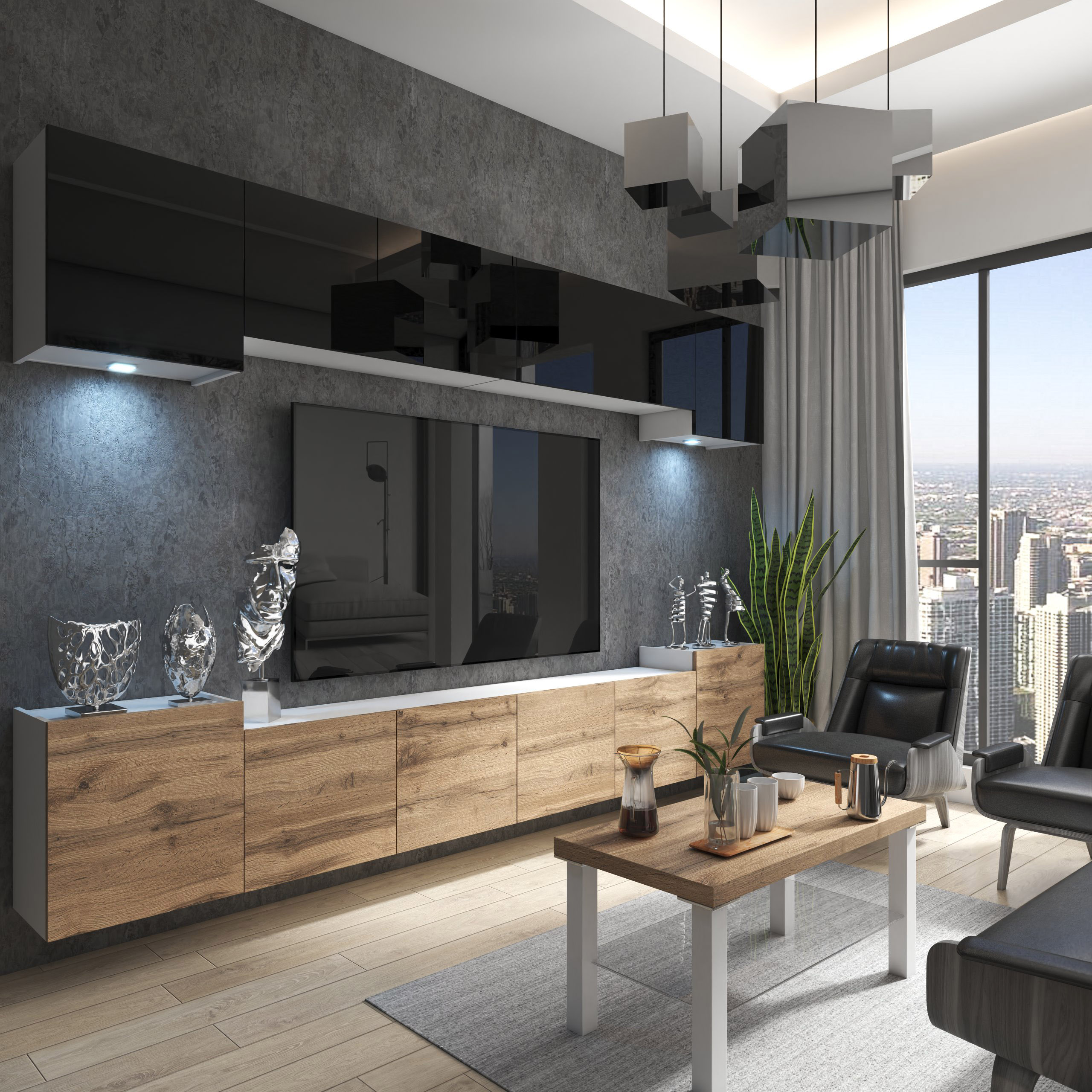 Mobilier TV lemn și negru lucios într-un living urban