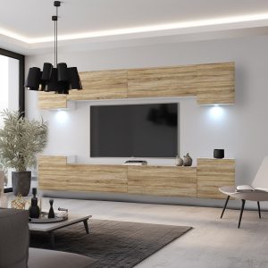 Perete media din lemn în living luminos, mobilier suspendat
