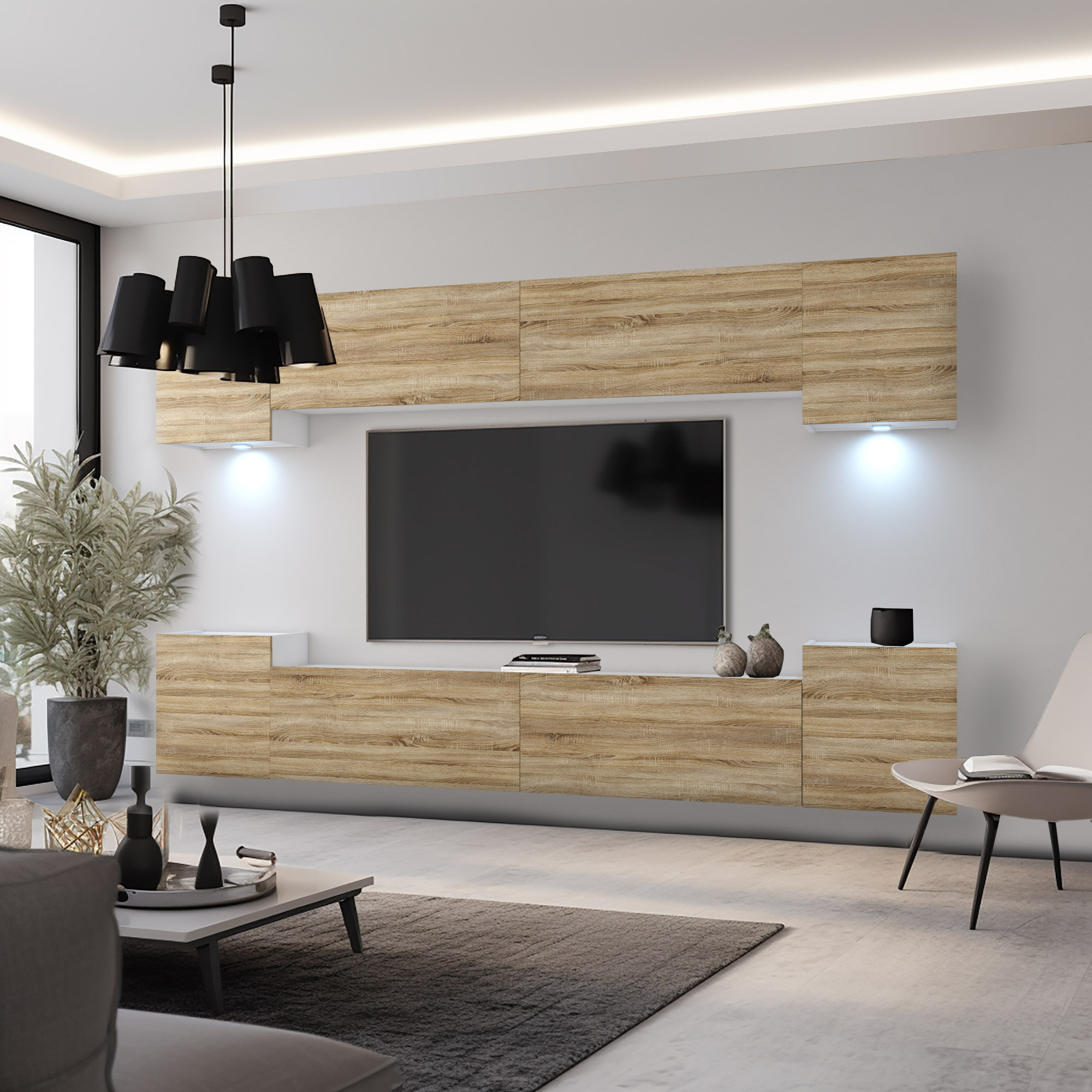 Perete media din lemn în living luminos, mobilier suspendat