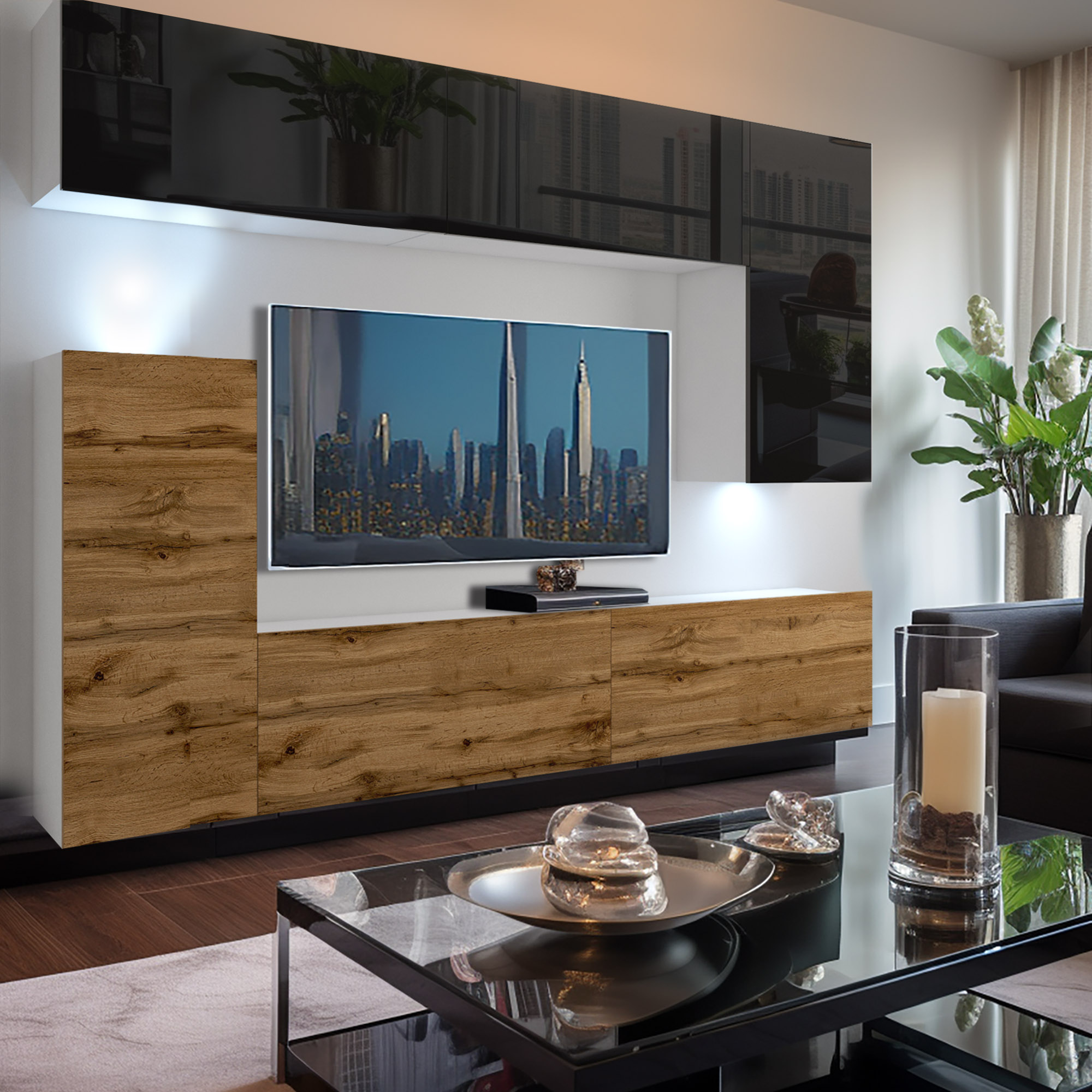 Mobilier TV din lemn și corpuri negre lucioase în salon