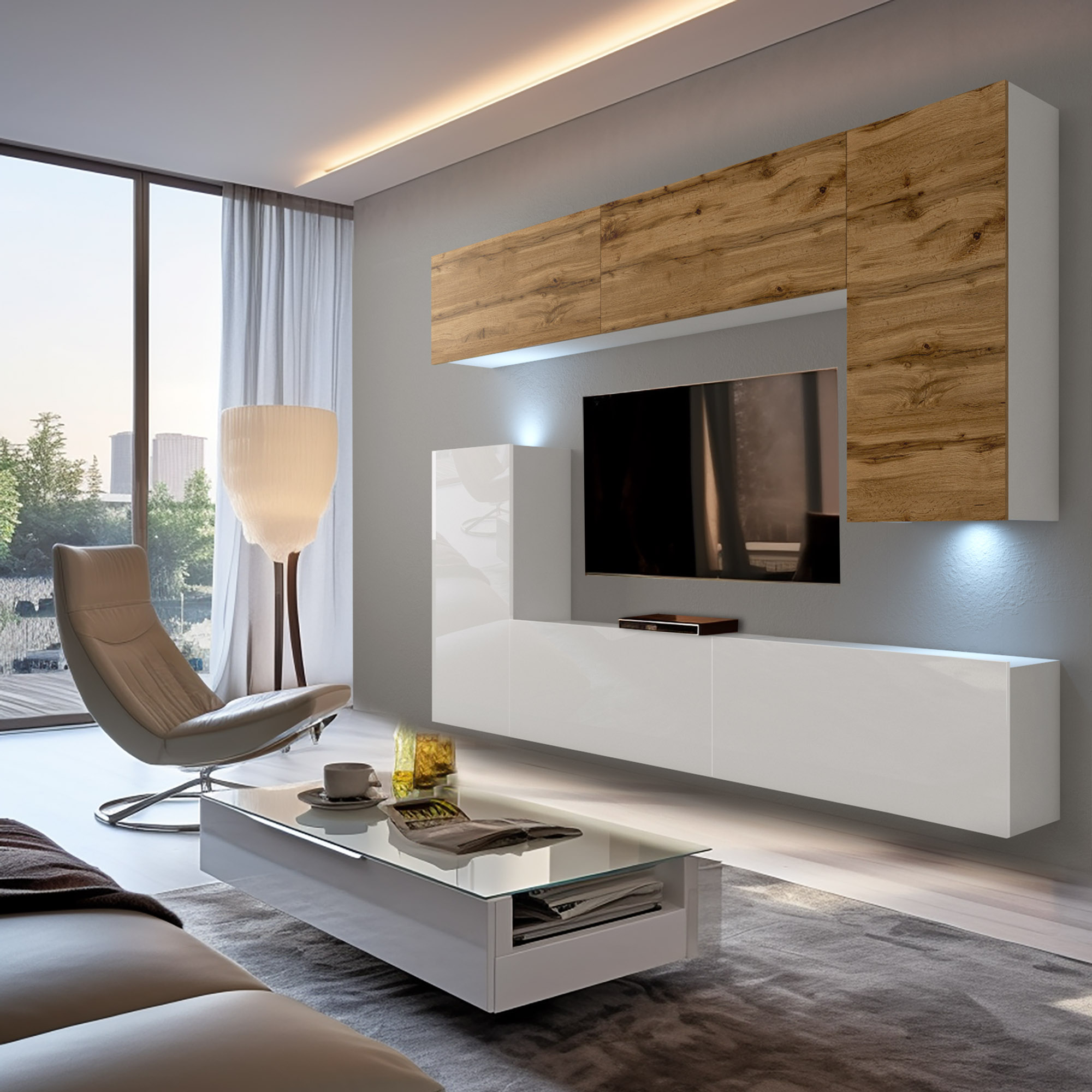 Perete TV alb lucios cu stejar și iluminare LED în living