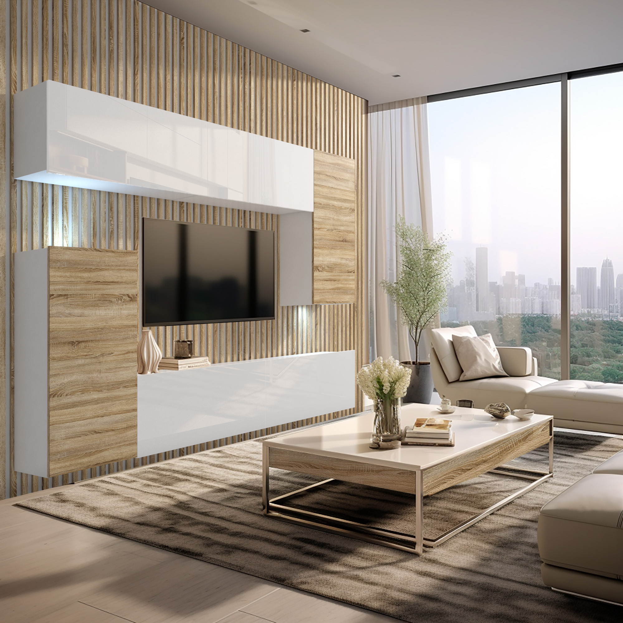Living cu perete riflat, TV și mobilier alb cu lemn