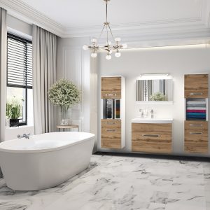Baie cu cadă freestanding și mobilier suspendat stejar
