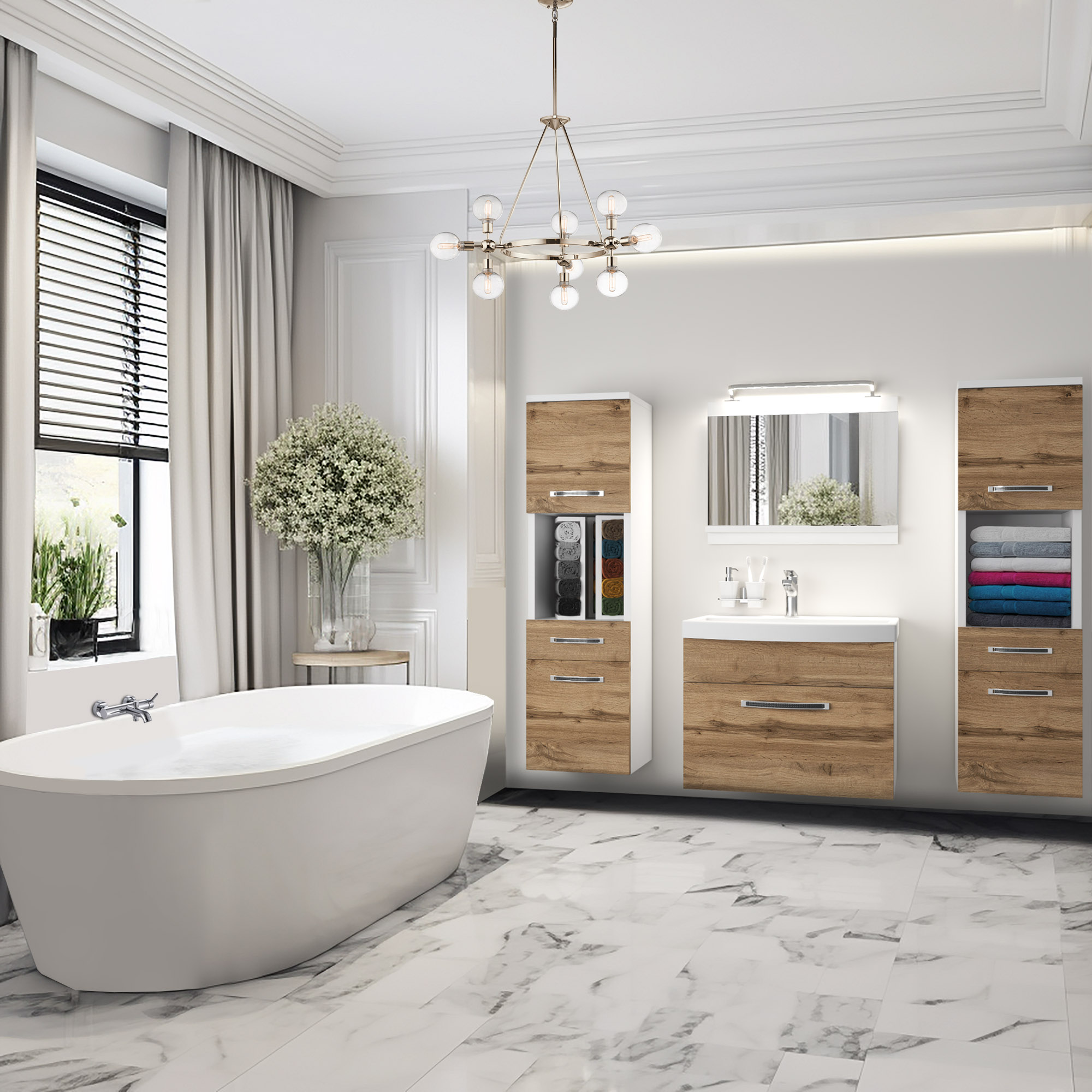 Baie cu cadă freestanding și mobilier suspendat stejar