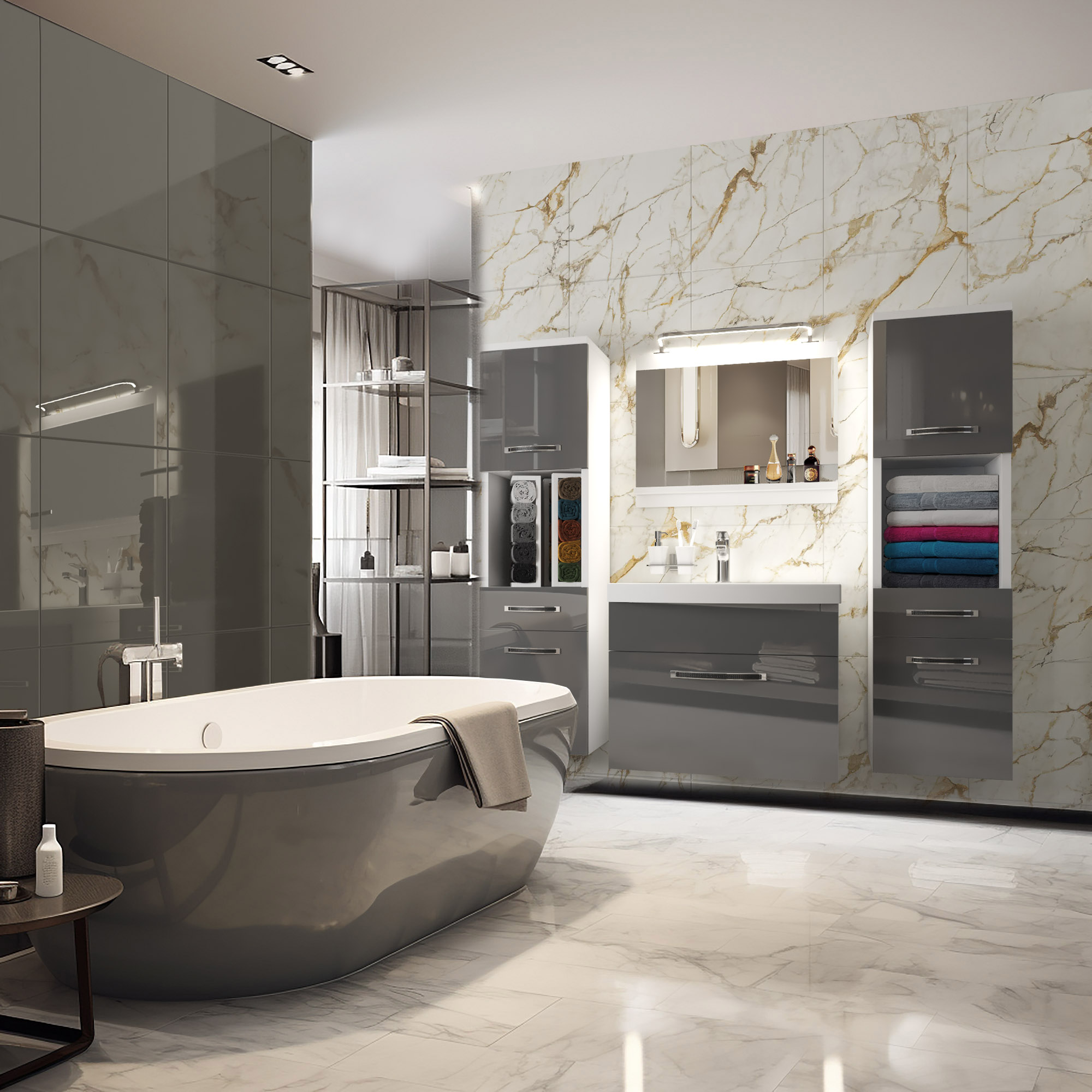 Baie cu cadă freestanding și mobilier gri lucios