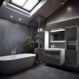 Baie cu cadă freestanding și mobilier gri lucios