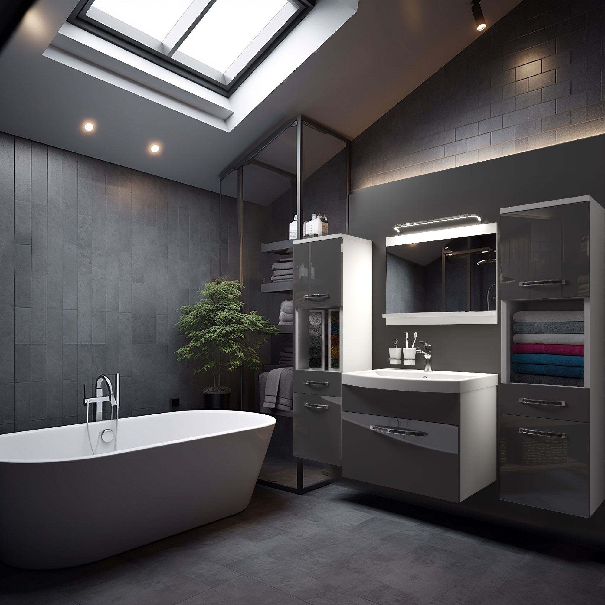 Baie cu cadă freestanding și mobilier gri lucios