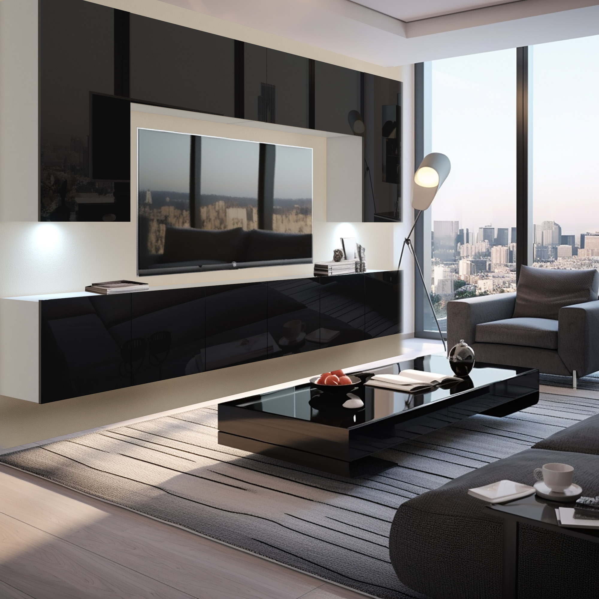 Living urban cu mobilier negru lucios și panoramă