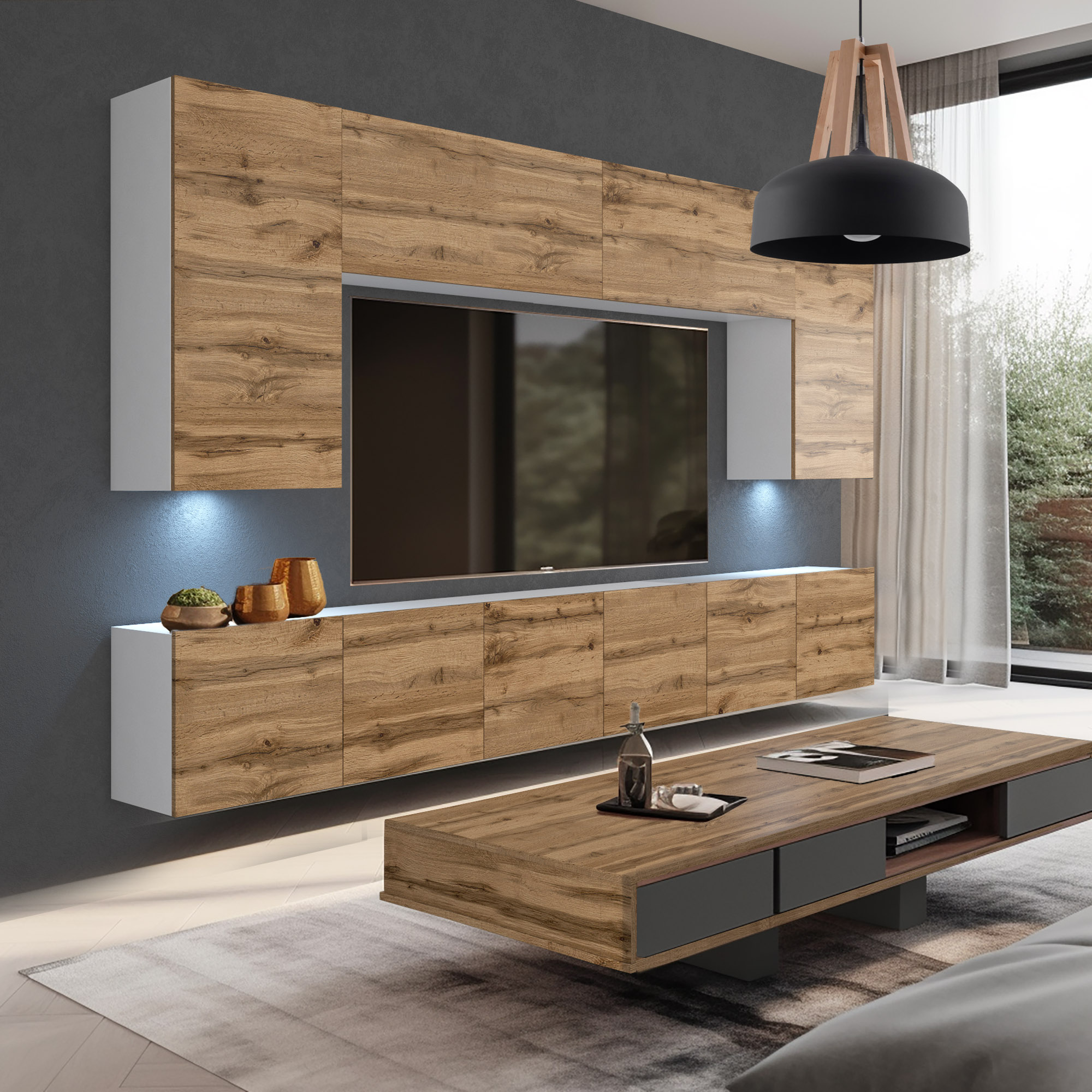Set living cu fronturi stejar, LED și masă joasă
