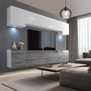Mobilier living gri cu corpuri suspendate și TV mare