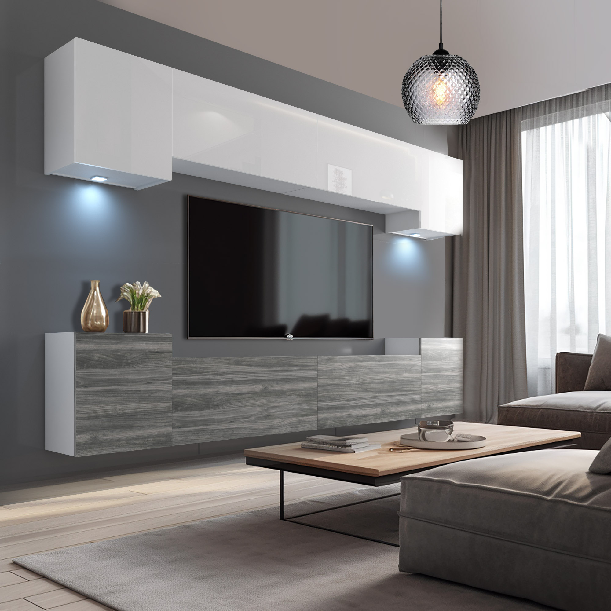 Mobilier living gri cu corpuri suspendate și TV mare