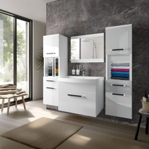 Mobilier baie alb lucios cu nișe pentru prosoape