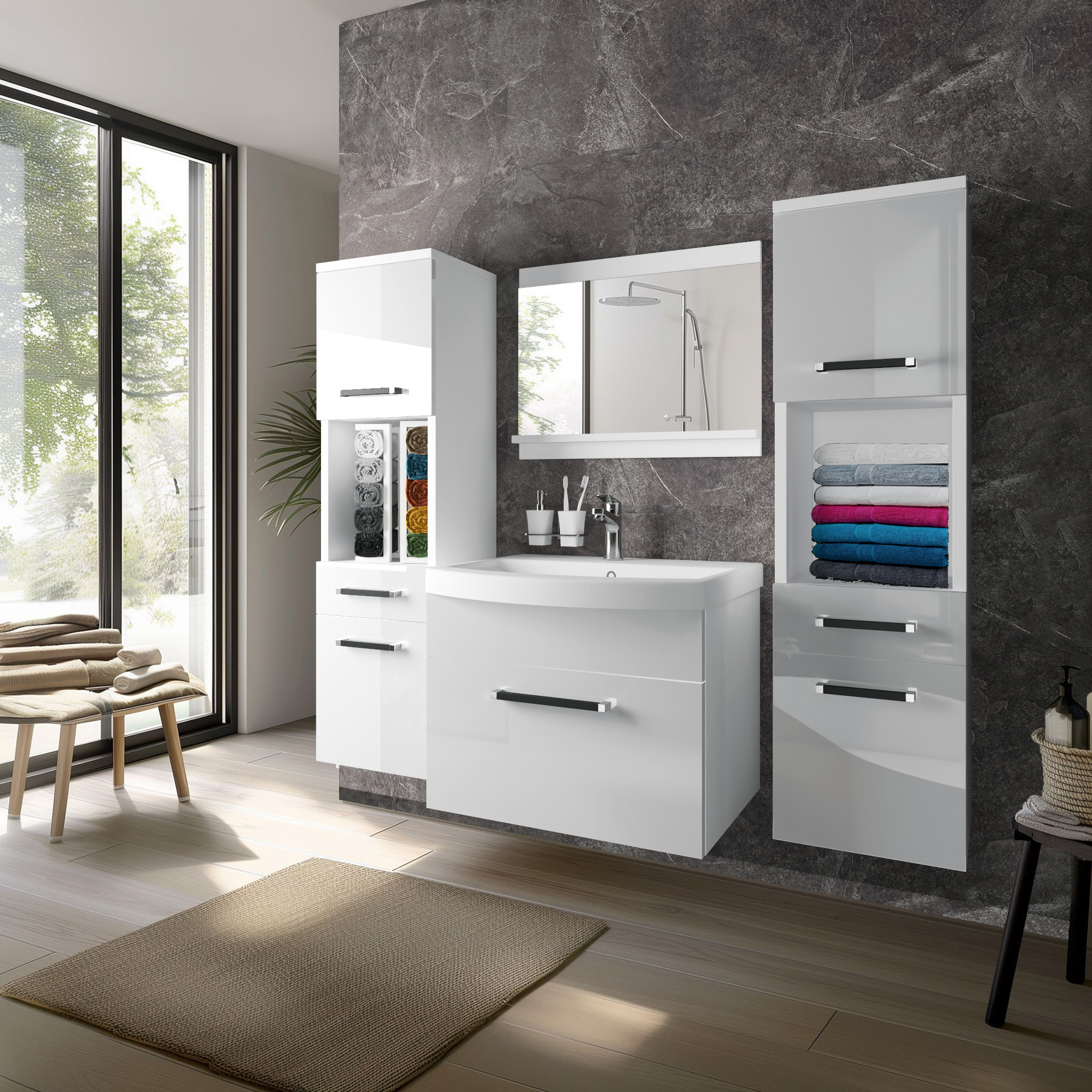 Mobilier baie alb lucios cu nișe pentru prosoape