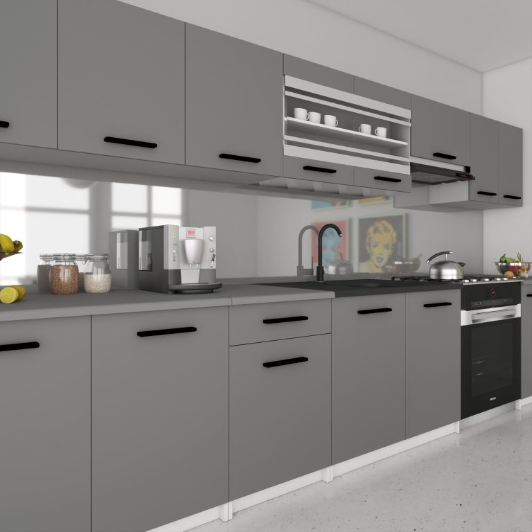 Mobilier de bucătărie de 320 cm, gri antracit-grafit, cu blat. Producător: TOR PRIMO320/4/WT/SR/0/B1