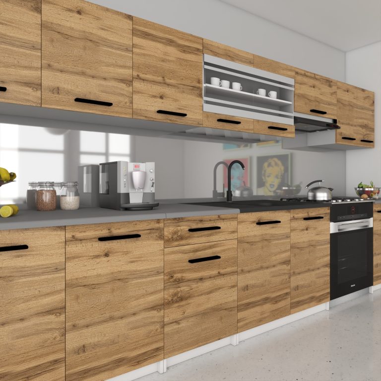 Mobilier de bucătărie de 320 cm, stejar Wotan, cu blat. Producător: TOR PRIMO320/4/WT/DW/0/B1