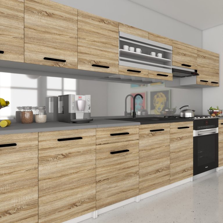 Mobilier de bucătărie de 320 cm , stejar Sonoma, cu blat. Producător: TOR PRIMO320/4/WT/DS/0/B1