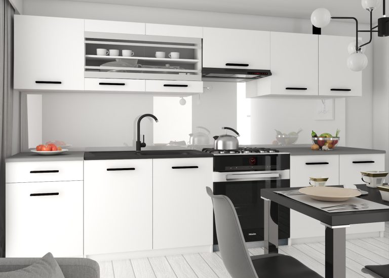 Mobilier de bucătărie 260 cm, alb mat, cu blat. Producător: TOR PRIMO260/3/WT/WT/0/B1