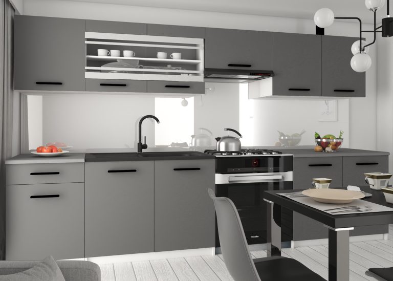 Mobilier de bucătărie de 260 cm, gri antracit-grafit, cu blat. Producător: TOR PRIMO260/3/WT/SR/0/B1