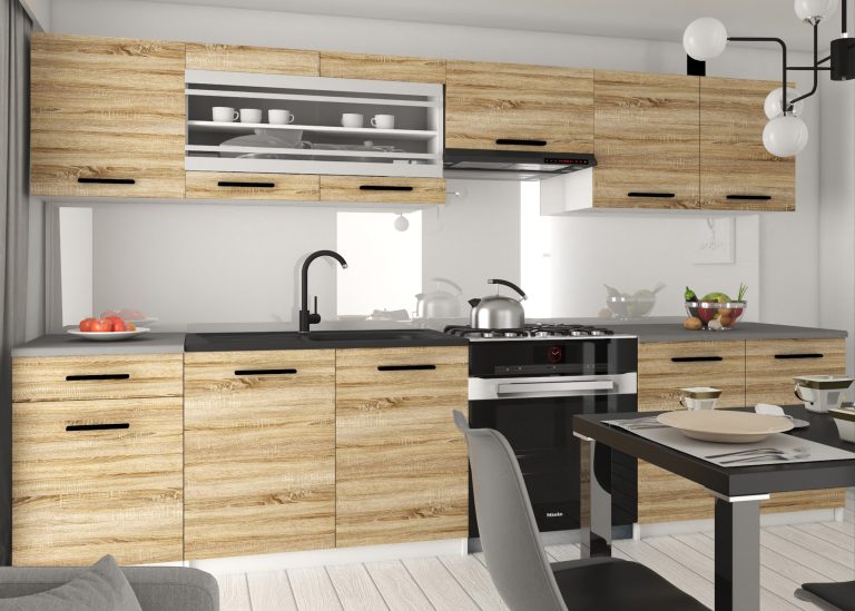 Mobilier de bucătărie de 260 cm, stejar Sonoma, cu blat. Producător: TOR PRIMO260/3/WT/DS/0/B1