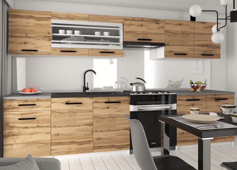 Mobilier de bucătărie de 260 cm stejar Wotan, cu blat. Producător: TOR PRIMO260/2/WT/DW/0/B1