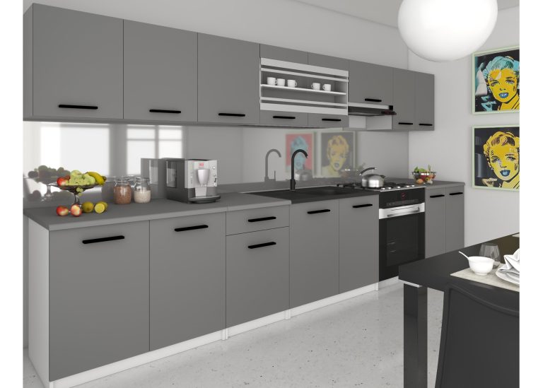 Mobilier de bucătărie de 320 cm, gri antracit-grafit, cu blat. Producător: TOR PRIMO320/4/WT/SR/0/B1