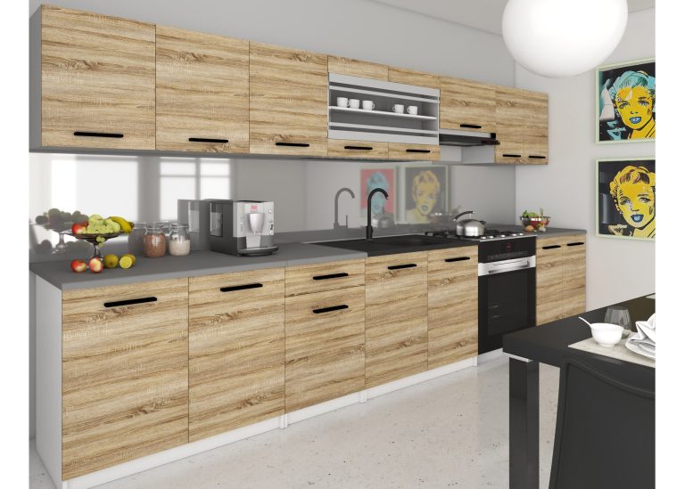Mobilier de bucătărie de 320 cm , stejar Sonoma, cu blat. Producător: TOR PRIMO320/4/WT/DS/0/B1